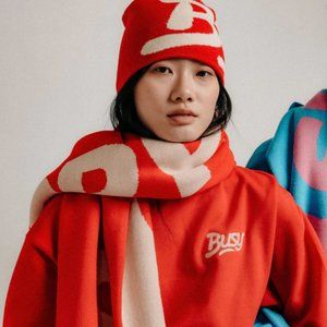 SORRYI'MBUSY Logotype Scarf - Red/Beige
